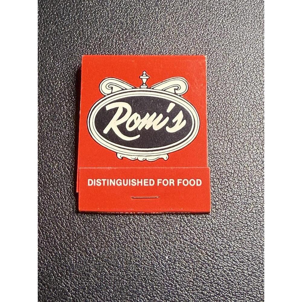 Vintage 1970s Matchbook Rom’s Italian Restaurant Sturbridge MA Unused, FREE SHIP